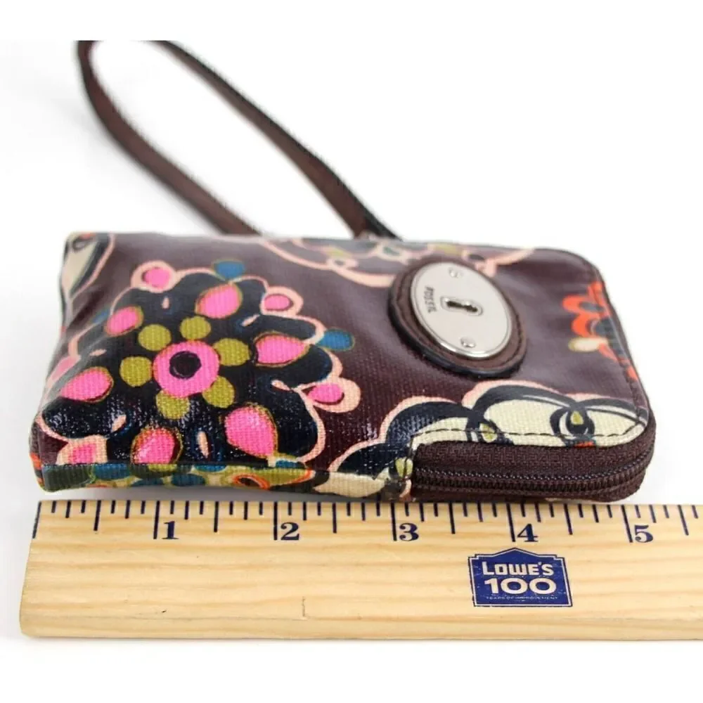 Fossil Key-Per COATED BROWN CANVAS FLORAL PRINT ID BILL CARD ZIP WALLET WRISTLET